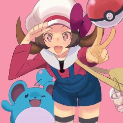 Rule 34 | 1girl, brown eyes, brown hair, cabbie hat, creatures (company), game freak, gen 2 pokemon, hat, hat ribbon, long hair, looking at viewer, lyra (pokemon), marill, nintendo, open mouth, overalls, poke ball, poke ball (basic), pokemon, pokemon (creature), pokemon hgss, ribbon, simple background, smile, thighhighs, twintails, v, yuuki (irodo rhythm)