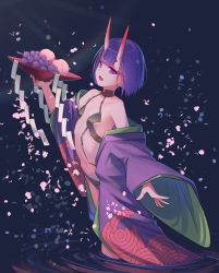 Rule 34 | 1girl, absurdres, bare shoulders, bob cut, breasts, collarbone, eyeliner, fangs, fate/grand order, fate (series), food, fruit, fruit bowl, grapes, highres, horns, japanese clothes, kimono, long sleeves, looking at viewer, makeup, navel, off shoulder, oni, open clothes, open kimono, open mouth, peach, petals, purple eyes, purple hair, purple kimono, revealing clothes, ripples, sawarineko, short hair, shuten douji (fate), skin-covered horns, small breasts, smile, thighs, wading, water, wide sleeves
