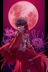 Rule 34 | 1boy, angra mainyu (fate), black hair, dark skin, dark-skinned male, fate/hollow ataraxia, fate (series), licking finger, flower, full-body tattoo, full moon, headband, licking, male focus, moon, pillarboxed, red moon, topless male, solo, spider lily, spring water, tattoo, yellow eyes