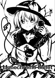 Rule 34 | 1girl, absurdres, blouse, bow, buttons, closed mouth, commentary request, corded phone, cover, cover page, diamond button, eyes visible through hair, frilled shirt collar, frills, greyscale, hair between eyes, hand up, hat, hat bow, high contrast, highres, holding, holding phone, komeiji koishi, long hair, long sleeves, looking at viewer, monochrome, phone, rpameri, shirt, smile, solo, split mouth, third eye, touhou, upper body