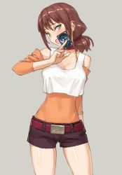 Rule 34 | 1girl, bare shoulders, belt, blush, breasts, brown hair, card, cardfight!! vanguard, cleavage, commentary request, contrapposto, cowboy shot, crop top, green eyes, grey background, groin, head tilt, impossible clothes, legs apart, low ponytail, medium breasts, open mouth, ponytail, shoe-ji, shorts, simple background, solo, standing, tank top, usui yuri