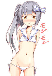 Rule 34 | 1girl, aikawa ryou, alternate costume, arms behind back, asymmetrical hair, bare shoulders, bikini, blunt bangs, blush, bow, breasts, brown eyes, closed mouth, collarbone, cosplay, embarrassed, flat chest, groin, hair bow, kantai collection, kasumi (kancolle), looking at viewer, navel, nose blush, ribbon, sailor bikini, sailor collar, shy, side-tie bikini bottom, side ponytail, silver hair, simple background, small breasts, solo, standing, striped, striped bow, swimsuit, text focus, white background, white bikini, white ribbon, z3 max schultz (kancolle), z3 max schultz (kancolle) (cosplay)
