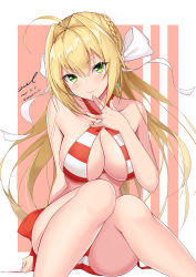 Rule 34 | 1girl, ahoge, ass, bare arms, bare legs, bare shoulders, bikini, blonde hair, braid, breasts, cleavage, collarbone, criss-cross halter, dated, earrings, fate/grand order, fate (series), finger to mouth, french braid, green eyes, hair intakes, hair ribbon, halterneck, hand up, head tilt, highres, jewelry, large breasts, long hair, looking at viewer, nero claudius (fate), nero claudius (fate) (all), nero claudius (swimsuit caster) (fate), red bikini, ribbon, signature, sitting, smile, solo, striped bikini, striped clothes, swimsuit, twitter username, two-tone background, unel, very long hair, white ribbon