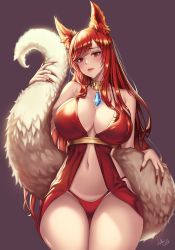 Rule 34 | 1girl, ahri (league of legends), animal ears, bare shoulders, blush, breasts, choker, cleavage, commission, dress, foxfire ahri, gem, highres, jewelry, large breasts, looking at viewer, mad kimo, nail polish, navel, original, panties, parted lips, red dress, red eyes, red hair, red lips, red panties, tail, thick thighs, thighs, thong, underwear
