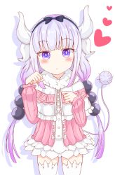 Rule 34 | 10s, 1girl, capelet, dragon girl, dragon horns, dragon tail, gradient hair, hair bobbles, hair ornament, hairband, heart, highres, horns, kanna kamui, kobayashi-san chi no maidragon, light purple hair, looking at viewer, low twintails, multicolored hair, paw pose, purple eyes, riya m, simple background, slit pupils, solo, tail, thighhighs, twintails, white background, white thighhighs, zettai ryouiki