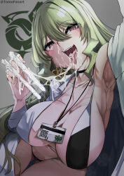 Rule 34 | 1girl, absurdres, after fellatio, armpits, bikini, black panties, blush, breasts, card, cum, cum in container, cum in mouth, cum on fingers, cum string, fangs, green hair, highres, honkai (series), lab coat, large breasts, long hair, long tongue, mobius (honkai impact), open mouth, panties, qr code, saliva, smile, suggestive fluid, swimsuit, tomodachi (tomofanart), tongue, tongue out, two-tone bikini, underwear, vial