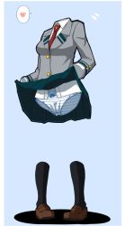 Rule 34 | 10s, 1girl, azumaya, bad id, bad twitter id, blue background, boku no hero academia, breasts, cameltoe, clothes lift, full body, hagakure tooru, heart, invisible, long sleeves, necktie, panties, pigeon-toed, red necktie, school uniform, simple background, skirt, skirt lift, solo, spoken heart, striped clothes, striped panties, thought bubble, underwear