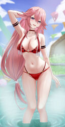 1girl absurdres alternate_costume arm_behind_head armpits bare_legs bare_shoulders bikini blue_sky blurry blurry_background breasts choker collarbone commentary_request day droopy_ears genshin_impact gluteal_fold hair_between_eyes highres ituka_kanau large_breasts legs long_hair looking_at_viewer navel open_mouth outdoors pink_hair purple_eyes red_bikini red_choker sky smile solo stomach swimsuit very_long_hair water wet yae_miko