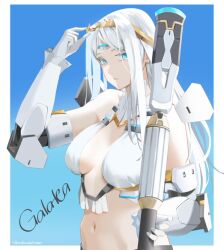 Rule 34 | 1girl, blue eyes, breasts, english text, fate/grand order, fate (series), galatea (fate), large breasts, medium breasts, sideboob, upper body, white hair