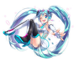 Rule 34 | 1girl, alternate costume, aqua eyes, aqua hair, black thighhighs, boots, elbow gloves, fingerless gloves, full body, gloves, goodsmile racing, hatsune miku, high heel boots, high heels, long hair, looking at viewer, one eye closed, open mouth, race queen, racing miku, racing miku (2012), solo, thigh boots, thighhighs, twintails, vocaloid, white gloves, wink, yamori (stom)