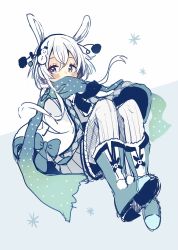 Rule 34 | 1girl, animal ears, black hairband, blue eyes, blue footwear, blue scarf, blush, boots, capelet, commentary request, covered mouth, dress, full body, grey background, grey dress, hair between eyes, hairband, highres, long hair, looking at viewer, original, pantyhose, pleated dress, polka dot, polka dot scarf, rabbit ears, ribbed legwear, sakura oriko, scarf, shoe soles, snowman hair ornament, solo, two-tone background, very long hair, white background, white capelet, white hair, white pantyhose