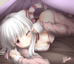Rule 34 | 1girl, ;&lt;, animal ears, artist name, ass, bed, blanket, blunt bangs, blush, breasts, butt crack, cat ears, cat tail, cleavage, closed mouth, hair down, haku (p&amp;d), highres, lilium0235, long hair, long sleeves, looking at viewer, lying, medium breasts, multicolored hair, one eye closed, pajamas, panties, puzzle &amp; dragons, red eyes, red hair, signature, sleeves past wrists, solo, tail, tiger ears, tiger tail, two-tone hair, under covers, underwear, white hair, white panties