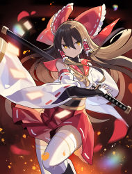 Rule 34 | 1girl, alternate costume, bare shoulders, black hair, bow, closed mouth, detached sleeves, falken (yutozin), hair between eyes, hair bow, hair tubes, hakurei reimu, highres, katana, long hair, red bow, red skirt, ribbon-trimmed sleeves, ribbon trim, sheath, sheathed, sidelocks, skirt, smile, solo, sword, thighhighs, touhou, weapon, white thighhighs, wide sleeves, yellow eyes