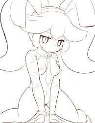 Rule 34 | 1girl, absurdres, animal ears, ashley (warioware), blush, breasts, closed mouth, detached collar, fake animal ears, female focus, female pubic hair, highres, long hair, looking at viewer, meme attire, monochrome, navel, necktie, nintendo, nipples, pubic hair, rabbit ears, reverse bunnysuit, reverse outfit, rnt (251139), sidelocks, simple background, sitting, small breasts, solo, split mouth, spread legs, stomach, twintails, warioware, white background, wrist cuffs