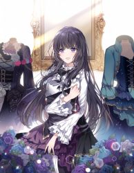 Rule 34 | 1girl, :d, \||/, ascot, bang dream!, belt, black hair, black neckwear, black skirt, blue dress, blue flower, blue jacket, blue rose, chain, clenched hand, clothes, corsage, cross-laced clothes, dress, flower, frilled shirt collar, frilled sleeves, frills, hand on own chest, holding, holding clothes, jacket, long hair, long sleeves, mannequin, mirror, neck ribbon, nennen, open mouth, pink flower, pink rose, purple eyes, purple flower, purple rose, ribbon, rose, shirokane rinko, shirt, sidelocks, skirt, smile, solo, white flower, white rose, white shirt