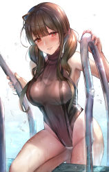 Rule 34 | 1girl, ahoge, bare legs, bare shoulders, blunt bangs, blush, breasts, brown hair, brown one-piece swimsuit, climbing, commentary, competition swimsuit, dsr-50 (girls&#039; frontline), girls&#039; frontline, grin, groin, hair tie, head tilt, highleg, highleg swimsuit, himonoata, large breasts, long hair, looking at viewer, low twintails, one-piece swimsuit, pool, pool ladder, red eyes, sidelocks, smile, solo, swimsuit, twintails, wet