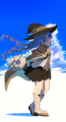 Rule 34 | 1girl, absurdres, black skirt, blue eyes, blue hair, blue sky, boots, braid, brown cape, cape, closed mouth, cloud, commentary request, full body, hat, highres, long hair, mushoku tensei, otoma (matoi0603), pleated skirt, profile, roxy migurdia, shadow, shirt, skirt, sky, solo, twin braids, walking, white footwear, white shirt, witch hat