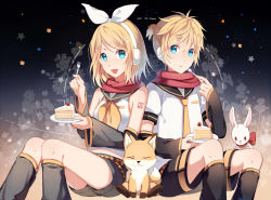 Rule 34 | 1boy, 1girl, :t, arm warmers, blonde hair, blue eyes, bow, brother and sister, rabbit, cake, earmuffs, eating, food, fork, fox, hair bow, highres, jiman, kagamine len, kagamine rin, leg warmers, open mouth, sailor collar, scarf, shorts, siblings, smile, star (symbol), twins, vocaloid