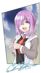 Rule 34 | 1girl, absurdres, blush, cototiworld, dated, fate/grand order, fate (series), glasses, hair over one eye, highres, looking at viewer, mash kyrielight, necktie, open mouth, purple eyes, purple hair, red necktie, short hair, signature, smile, solo, teeth, upper body