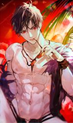 Rule 34 | 1boy, abs, absurdres, bare pectorals, belial (granblue fantasy), belial (summer) (granblue fantasy), black hair, black jacket, black male swimwear, cross-laced clothes, cross-laced one-piece swimsuit, unworn eyewear, fur-trimmed jacket, fur trim, granblue fantasy, highres, holding, holding removed eyewear, jacket, jewelry, large pectorals, male focus, male swimwear, muscular, muscular male, navel, necklace, nipples, official alternate costume, open clothes, open jacket, outdoors, pectorals, red eyes, rilmok, ring, short hair, solo, swim briefs, tinted eyewear, wristband