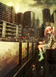 Rule 34 | 1girl, 2boys, badge, building, city, cityscape, hatsune miku, highres, lab coat, lm7 (op-center), long sleeves, multiple boys, necktie, pink hair, sakura miku, scenery, shoes, sign, smile, twintails, vocaloid, yellow eyes