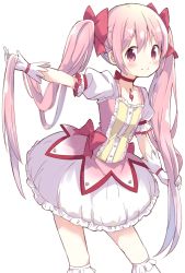 Rule 34 | 1girl, alternate hair length, alternate hairstyle, arm at side, arm up, bubble skirt, buttons, choker, closed mouth, collarbone, contrapposto, dot nose, facing viewer, flat chest, frilled skirt, frilled sleeves, frilled socks, frills, glint, gloves, hair ribbon, highres, holding, holding hair, kaname madoka, light blush, long hair, looking to the side, mahou shoujo madoka magica, mahou shoujo madoka magica (anime), pink eyes, pink hair, pink ribbon, puffy short sleeves, puffy sleeves, red choker, red ribbon, ribbon, ribbon choker, short sleeves, simple background, skirt, smile, socks, solo, soul gem, straight hair, tareme, tsubaki (tatajd), twintails, upper body, very long hair, white background, white gloves, white skirt, white socks