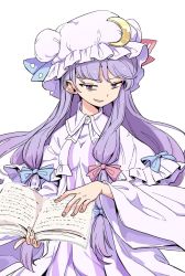 Rule 34 | 1girl, bags under eyes, blue bow, blue ribbon, book, bow, commentary request, crescent, crescent hat ornament, crescent pin, dress, hair bow, hat, hat ornament, hat ribbon, holding, holding book, long hair, looking at viewer, maguro (mawaru sushi), mob cap, narrowed eyes, open book, open mouth, patchouli knowledge, purple eyes, purple hair, red bow, red ribbon, ribbon, simple background, smile, solo, striped clothes, striped dress, touhou, vertical-striped clothes, vertical-striped dress, very long hair, white background, wide sleeves