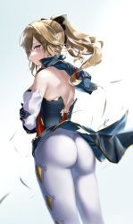 Rule 34 | 1girl, absurdres, artist request, ass, bare shoulders, blonde hair, blue eyes, blush, bow, breasts, capelet, from behind, genshin impact, gloves, hair bow, highres, jean (genshin impact), long hair, looking at viewer, pants, ponytail, shiny clothes, shiny skin, sideboob, simple background, solo, tight clothes, tight pants, white background