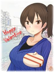 Rule 34 | 1girl, artist logo, blue sweater, box, breasts, brown eyes, brown hair, cityscape, gift, happy valentine, kaga (kancolle), kantai collection, large breasts, long hair, mushi mushi ex, official alternate costume, outdoors, ribbed sweater, side ponytail, solo, sweater, upper body