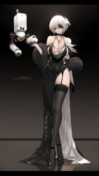 Rule 34 | 1girl, absurdres, apron, bare shoulders, black blindfold, black dress, black thighhighs, blindfold, bow, bowtie, breasts, choker, cleavage, commentary, covered eyes, detached sleeves, dishwasher1910, dress, elbow gloves, evening gown, flower, full body, fur-trimmed sleeves, fur trim, garter straps, gloves, hair flower, hair ornament, high heels, highres, lace, lace-trimmed legwear, lace trim, large breasts, long dress, machinery, nier:automata, nier (series), pod (nier:automata), revealing clothes, robot, short hair, side slit, solo, thighhighs, thighs, white hair, 2b (nier:automata)