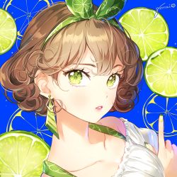 Rule 34 | 1girl, artist name, blue background, bob cut, brown hair, collarbone, commentary request, earrings, food, fruit, fruit background, fruit eyes, gomzi, green eyes, green nails, green ribbon, hair ribbon, index finger raised, jewelry, lime (fruit), lime print, lime slice, looking at viewer, making-of available, nail polish, original, parted lips, portrait, ribbon, short hair, solo, symbol-shaped pupils