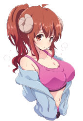 Rule 34 | 1girl, blue jacket, breasts, cleavage, commentary request, curled horns, demon girl, demon horns, highres, horns, jacket, large breasts, long hair, long sleeves, machikado mazoku, mel (melty pot), midriff, navel, pink tank top, ponytail, red eyes, red hair, simple background, solo, tank top, white background, yoshida yuuko (machikado mazoku)