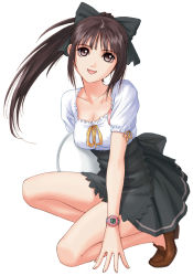 Rule 34 | 1girl, brown eyes, brown hair, highres, open mouth, ponytail, ribbon, solo, tony taka, waitress, watch, wristwatch
