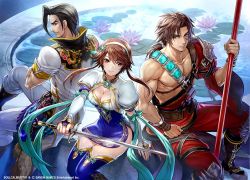 Rule 34 | 1girl, 2boys, breasts, brown eyes, brown hair, chai xianghua, chinese clothes, cleavage, cleavage cutout, clothing cutout, highres, kilik (soulcalibur), long hair, looking at viewer, maxi (soulcalibur), medium breasts, multiple boys, namco, official art, smile, soul calibur, soulcalibur, soulcalibur vi, sword, tagme, thighhighs, weapon