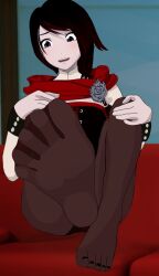 Rule 34 | foot focus, grey eyes, no shoes, pantyhose, ruby rose, rwby, solo, tagme