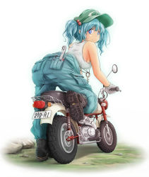 Rule 34 | 1girl, alternate costume, ao usagi, ass, baggy clothes, bare shoulders, bent over, blue eyes, blue hair, boots, breasts, contemporary, female focus, full body, gloves, hair bobbles, hair ornament, kawashiro nitori, key, large breasts, looking back, matching hair/eyes, md5 mismatch, motor vehicle, motorcycle, no bra, overalls, pun, screwdriver, short hair, sideboob, smile, solo, tank top, touhou, twintails, two side up, vehicle, wrench