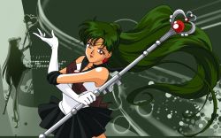 Rule 34 | 1990s (style), bishoujo senshi sailor moon, dark skin, green hair, green theme, highres, meiou setsuna, sailor pluto, staff, tagme, wallpaper