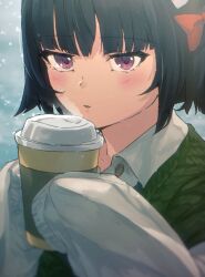 Rule 34 | 1girl, black hair, blush, bow, collared shirt, cup, disposable cup, green sweater vest, hair bow, highres, holding, holding cup, i-coat, ishigaki (kancolle), kantai collection, long sleeves, looking at viewer, parted lips, purple eyes, shirt, short hair, sleeves past fingers, sleeves past wrists, snowing, solo, steam, sweater vest, upper body, white shirt
