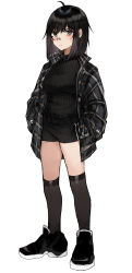 Rule 34 | 1girl, absurdres, ahoge, bandaid, bandaid on face, bandaid on nose, black footwear, black hair, black shorts, black socks, black sweater, blush, boots, breasts, brown eyes, closed mouth, commentary, full body, hands in pockets, highres, jacket, kanniiepan, kneehighs, long sleeves, looking at viewer, medium hair, mole, mole under eye, open clothes, open jacket, original, shoes, short shorts, shorts, simple background, socks, solo, standing, sweater, white background