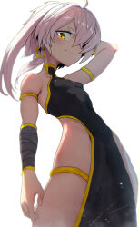 1girl absurdres ahoge arm_up backlighting bare_shoulders breasts china_dress chinese_clothes dress earrings hair_over_one_eye highres jewelry long_hair looking_at_viewer no_panties original pelvic_curtain pink_hair rikudo_yayoi sawtatsu side_slit small_breasts solo thighlet yellow_eyes