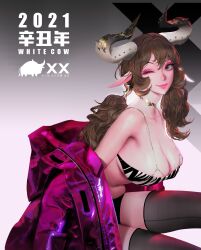 Rule 34 | 1girl, animal ears, black bra, black thighhighs, bra, breasts, brown hair, chinese text, chinese zodiac, choker, cleavage, closed mouth, commentary, cow ears, cow girl, cow horns, cowboy shot, curled horns, double-parted bangs, english commentary, english text, eyeshadow, from side, gold choker, gradient background, gradient horns, green eyes, grey horns, hair between eyes, hair ornament, highres, horn ornament, horns, jacket, jacket partially removed, korean text, large breasts, leaning forward, lipstick, long hair, looking at viewer, makeup, multicolored horns, navel, one eye closed, original, pink eyeshadow, pink jacket, pink lips, short twintails, smile, solo, stomach, thighhighs, twintails, two-tone bra, underwear, white bra, wonbin lee, year of the ox