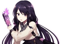 Rule 34 | 1girl, black skirt, black survival, braid, charm (object), cropped jacket, hair bobbles, hair ornament, high-waist skirt, holding, hyejin (black survival), jacket, lix (iroiro3843), long hair, long sleeves, looking at viewer, low twintails, open mouth, purple eyes, purple hair, sidelocks, simple background, skirt, solo, twintails, undershirt, v-shaped eyebrows, very long hair, white background, white jacket