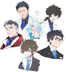 Rule 34 | 1girl, 5boys, ?, ??, androgynous, doodle sensei (blue archive), arona (blue archive), bandaid, bandaid on face, black hair, blue archive, blue hair, blue halo, blue necktie, blue shirt, blush, bow hairband, brown hair, coke-bottle glasses, collared shirt, colored inner hair, cropped torso, formal, glasses, grey hair, grimace, hair over one eye, hairband, halo, highres, jacket, lanyard, messy hair, multicolored hair, multiple boys, necktie, off shoulder, open clothes, open jacket, open mouth, parted lips, pink hair, ponytail, red scarf, sailor collar, scarf, seicoh, sensei (blue archive), shirt, short hair, simple background, sketch, smile, spoken question mark, suit, sweat, two-tone hair, white background