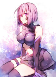 Rule 34 | 1girl, adapted costume, armor, armored dress, bare shoulders, black gloves, black thighhighs, breasts, commentary request, elbow gloves, eyes visible through hair, fate/grand order, fate (series), gloves, hair over one eye, hanagata, large breasts, mash kyrielight, purple eyes, purple hair, short hair, sitting, solo, thighhighs, thighs