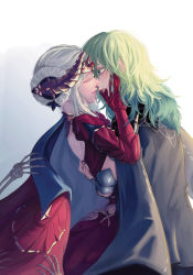 Rule 34 | armor, armored dress, byleth (female) (fire emblem), byleth (fire emblem), cape, closed eyes, commentary, earrings, edelgard von hresvelg, english commentary, fire emblem, fire emblem: three houses, green hair, hand on another&#039;s back, hand on another&#039;s cheek, hand on another&#039;s face, highres, horn ornament, horns, jewelry, kiss, nintendo, official alternate costume, skeletal arm, vduck, white hair, yuri