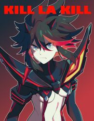 Rule 34 | 1girl, black hair, blue eyes, breasts, brick st, closed mouth, copyright name, english text, frown, gradient background, highres, kill la kill, looking at viewer, matoi ryuuko, multicolored hair, navel, revealing clothes, senketsu, small breasts, solo, underboob, upper body