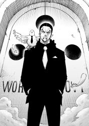 Rule 34 | 1boy, 1other, bird, black hair, english text, evil smile, formal, greyscale, hattori (one piece), highres, itou shin&#039;ichi, looking at viewer, medium hair, monochrome, necktie, one piece, pigeon, ponytail, rob lucci, smile, solo, standing, suit