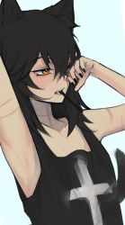 Rule 34 | 1girl, animal ears, arm up, bad id, bad twitter id, black hair, black tank top, blue background, cat ears, cat girl, cat tail, cross, daiishori, hair between eyes, highres, long hair, mouth hold, original, rubbing eyes, scar, scar on arm, scar on neck, simple background, solo, tail, tank top, toothbrush in mouth, upper body, yellow eyes