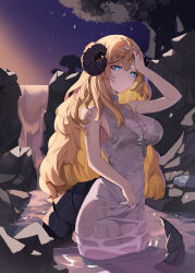 Rule 34 | 1girl, absurdres, black bra, blonde hair, blue eyes, bra, bra visible through clothes, breasts, commentary, commission, cross, cross necklace, dress, english commentary, garter belt, hand on forehead, highres, horns, jewelry, large breasts, long hair, looking afar, n8 (buse1601), necklace, night, night sky, original, parted lips, ring, see-through, see-through dress, sky, sleeveless, sleeveless dress, solo, standing, star (sky), tail, tree, underwear, wading, wet, wet clothes, wet dress