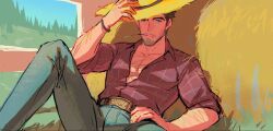 Rule 34 | 1boy, bara, beard stubble, denim, facial hair, feet out of frame, hairy, hat, highres, jeans, looking at viewer, male focus, mature male, mori doremi, muscular, muscular male, original, pants, pectoral cleavage, pectorals, sketch background, solo, stubble, sun hat, thick eyebrows, tsurime